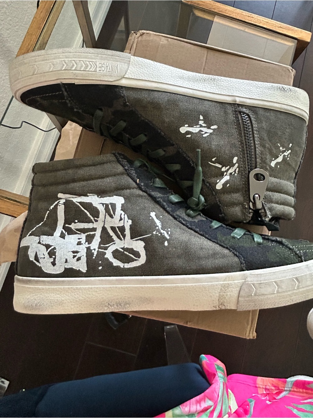 Vintage Havana Olive Green High-Top Sneakers with White Graphic Accents